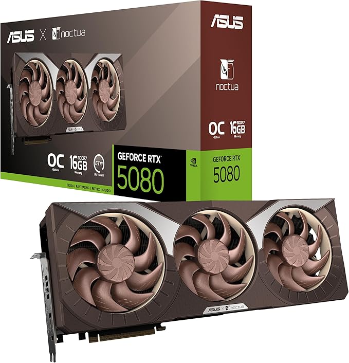 ASUS GeForce RTX 5080 16GB GDDR7 Noctua OC Edition oyun grafik kartı (Nvidia RTX5080, NVIDIA Blackwell, DLSS 4, PCIe 5.0, 2X HDMI 2.1b, 3X DisplayPort 2.1b, RTX5080-O16G-NOCTUA)