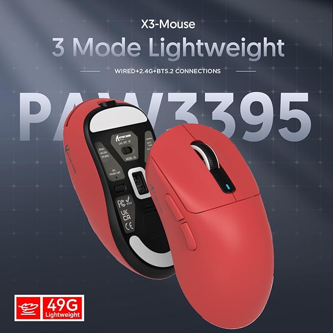 ATTACK SHARK X3 Superlight Kablosuz Gaming Mouse – 49g Ultra Hafif Fare, 26000 DPI PixArt PAW3395 Sensör, BT/2.4G/Kablolu Üçlü Mod, 200 Saat Pil Ömrü, PTFE Ayaklar, PC/Xbox/PS/Mac – Red