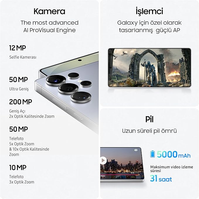 Samsung Galaxy S25 Ultra, Yapay Zeka(AI) Telefon, 12GB RAM, 512GB Hafıza, Titanyum Siyah, Android Akıllı Telefon, 200MP Kamera, S Pen, Uzun Pil Ömrü (Samsung Türkiye Garantili)