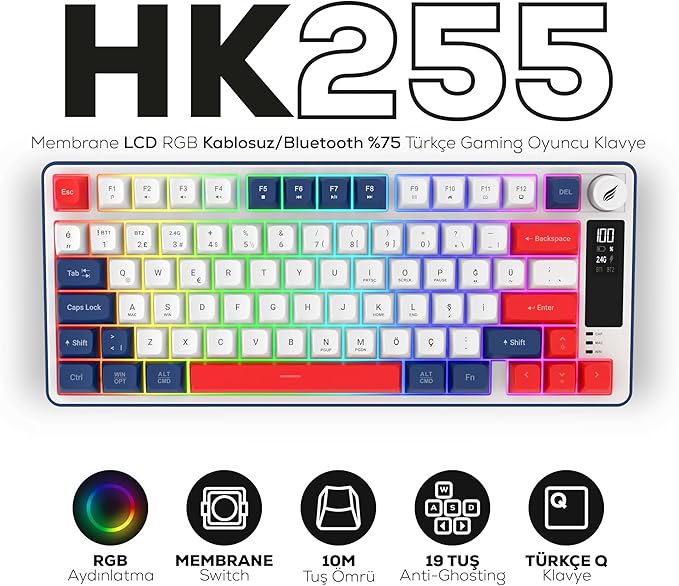 Hawk Gaming HK255 Membrane LCD RGB Kablosuz/Bluetooth%75 Türkçe Gaming Klavye (Mavi Kırmızı)