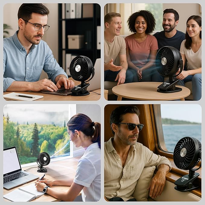 Minesk Mini Vantilatör - Masaüstü USB Fan - Klipsli Sabitleme - 360° Ayarlanabilir - Ultra Güçlü Hava Akımı ile Süper Serinlik Hissi - Portatif, Taşınabilir, Minimalist Tasarım (Siyah)