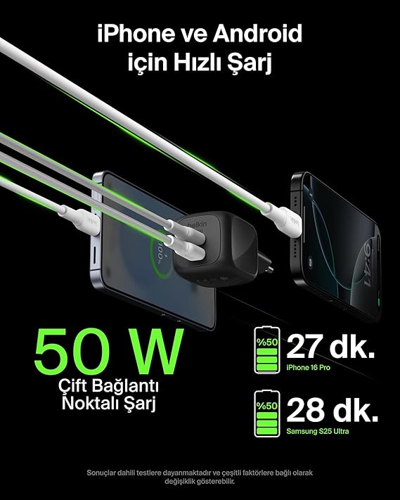 Belkin 2 Bağlantı Noktalı USB-C Şarj Cihazı 50 W, 2x USB-C Çift Bağlantı Noktalı GaN Şarj Cihazı, MacBook, iPhone 17, iPad Pro, Chromebook, Galaxy S25 Ultra, Pixel 10 vb. için, Seyahat için, Siyah