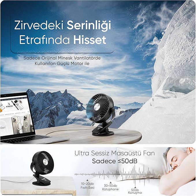 Minesk Mini Vantilatör - Masaüstü USB Fan - Klipsli Sabitleme - 360° Ayarlanabilir - Ultra Güçlü Hava Akımı ile Süper Serinlik Hissi - Portatif, Taşınabilir, Minimalist Tasarım (Siyah)