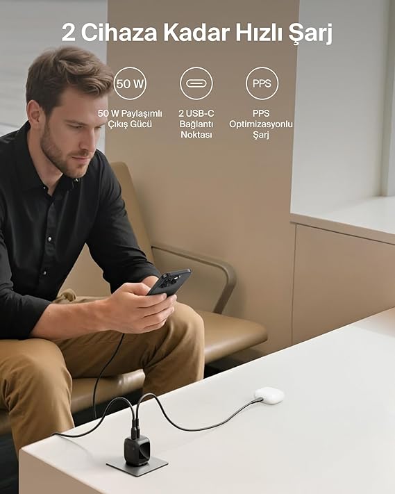 Belkin 2 Bağlantı Noktalı USB-C Şarj Cihazı 50 W, 2x USB-C Çift Bağlantı Noktalı GaN Şarj Cihazı, MacBook, iPhone 17, iPad Pro, Chromebook, Galaxy S25 Ultra, Pixel 10 vb. için, Seyahat için, Siyah