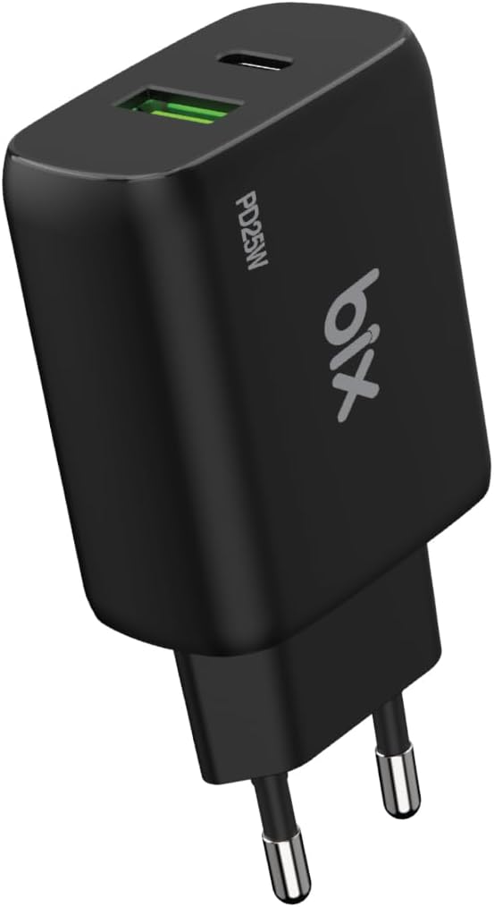 Bix ZH-2U41T 25W PD 3.0 Type-C & USB-A Çift Bağlantı Noktalı Hızlı Şarj Adaptörü Siyah, Huawei, iPhone 15/14/13/12/Pro Max, iPad Air/Pro ve Daha Fazlası ile Uyumlu