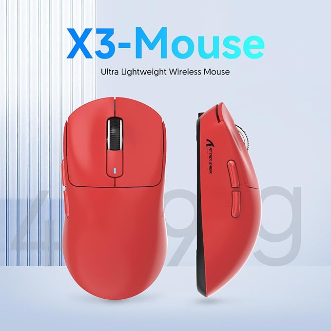 ATTACK SHARK X3 Superlight Kablosuz Gaming Mouse – 49g Ultra Hafif Fare, 26000 DPI PixArt PAW3395 Sensör, BT/2.4G/Kablolu Üçlü Mod, 200 Saat Pil Ömrü, PTFE Ayaklar, PC/Xbox/PS/Mac – Red