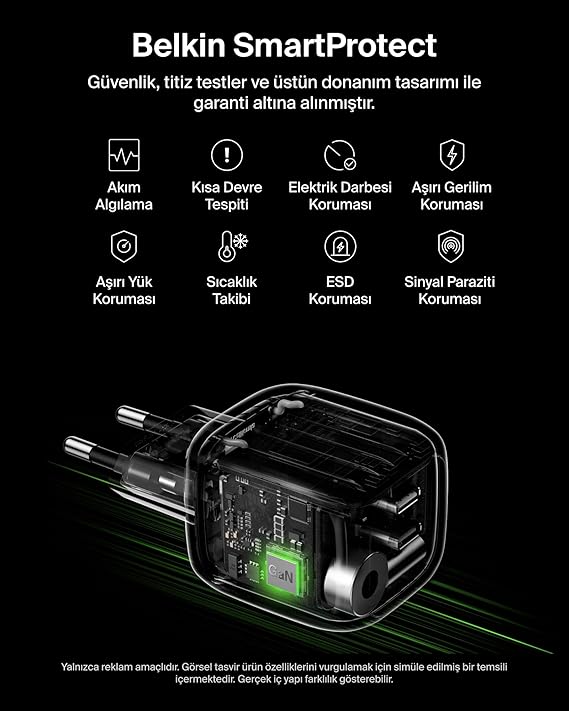 Belkin 2 Bağlantı Noktalı USB-C Şarj Cihazı 50 W, 2x USB-C Çift Bağlantı Noktalı GaN Şarj Cihazı, MacBook, iPhone 17, iPad Pro, Chromebook, Galaxy S25 Ultra, Pixel 10 vb. için, Seyahat için, Siyah