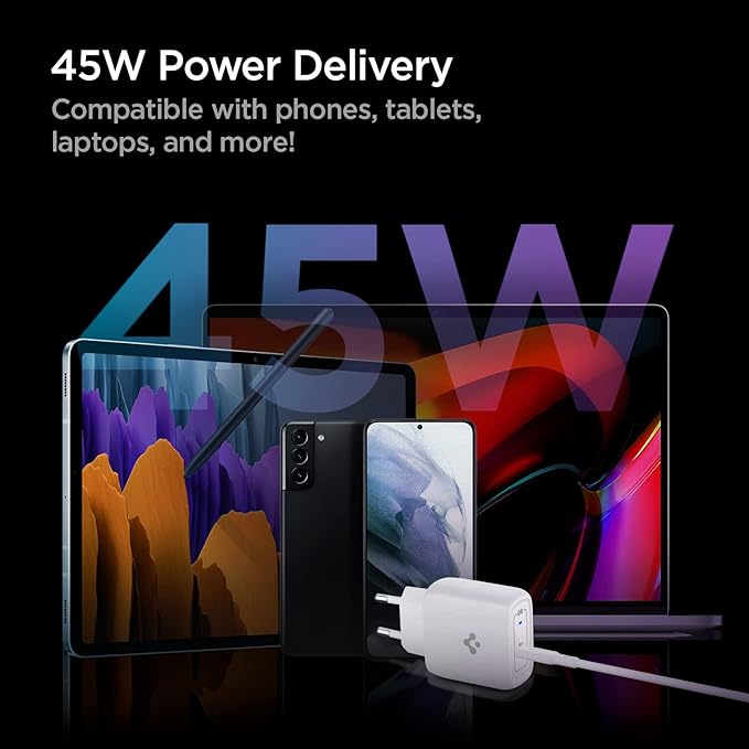 Spigen 45W USB-C Hızlı Şarj Aleti + Örgü Şarj Kablo Samsung PPS 2.0 / Isı Düşürücü GaN Akım Korumalı PD 3.0 Protokol Güç Adaptörü Super Hızlı Şarj iPhone & Android & iPad & MacBook Type-C - ACH02589