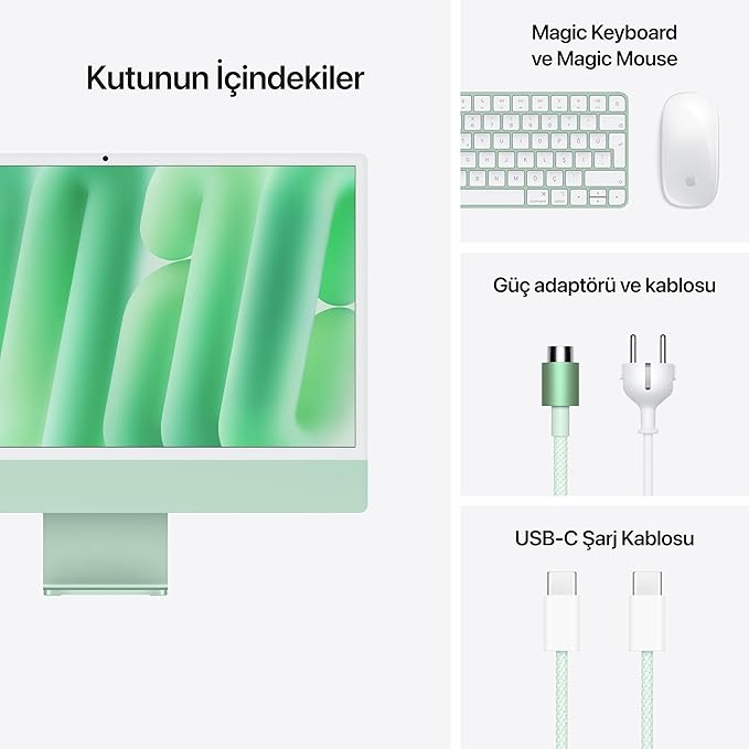 Apple M4 çipli iMac Hepsi-Bir-Arada Masaüstü Bilgisayar: 8 çekirdekli CPU, 8 çekirdekli GPU, 24 inç Retina Ekran, 16 GB Birleşik Bellek, 256 GB SSD Depolama, Uyumlu Aksesuarlar. Yeşil