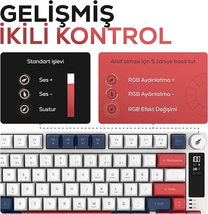 Hawk Gaming HK255 Membrane LCD RGB Kablosuz/Bluetooth%75 Türkçe Gaming Klavye (Mavi Kırmızı)