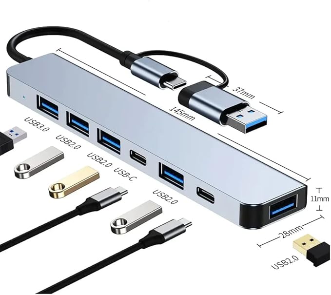 Coverzone Çoklayıcı Adaptör 7in1 USB/Type-c To USB A, USB C Macbook uyumlu Çevirici Adaptör Çok Portlu Çoklayıcı 7 in 1 USB HUB (Gri)