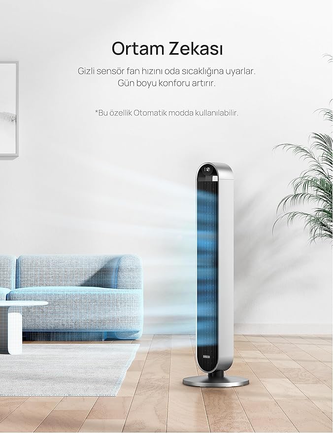 Dreo Akıllı Kule Fan – 12 Hız & 4 Mod, 25 dB Ultra Sessiz Motor, 8.3 m/s Rüzgar Hızı, 120° Salınım, Zamanlayıcı, Uzaktan Kumanda, Wi‑Fi & Sesli App Kontrol, Pilot Max S
