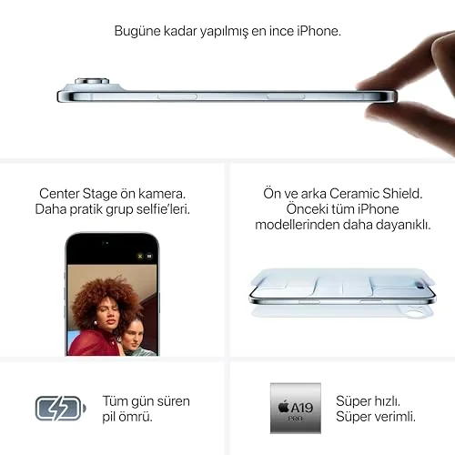 Apple iPhone Air 256 GB: Şimdiye Kadarki En İnce iPhone, 120 Hz’e kadar ProMotion teknolojisine sahip 6.5 inç ekran, Güçlü A19 Pro Çip, Center Stage Özellikli Ön Kamera; Gök Mavisi