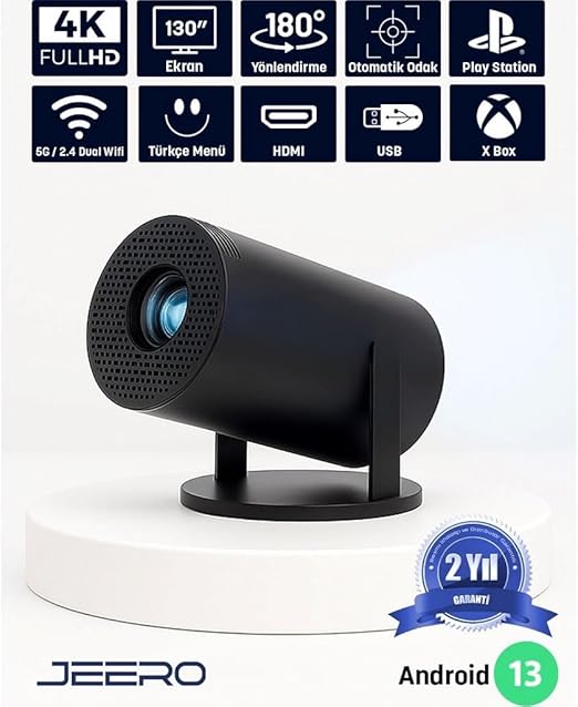 JEERO HY300PRO Multimedia Ultra Hd 1080 Android 13 Projeksiyon Cihazı (Türkçe Menü) H713 Chipset