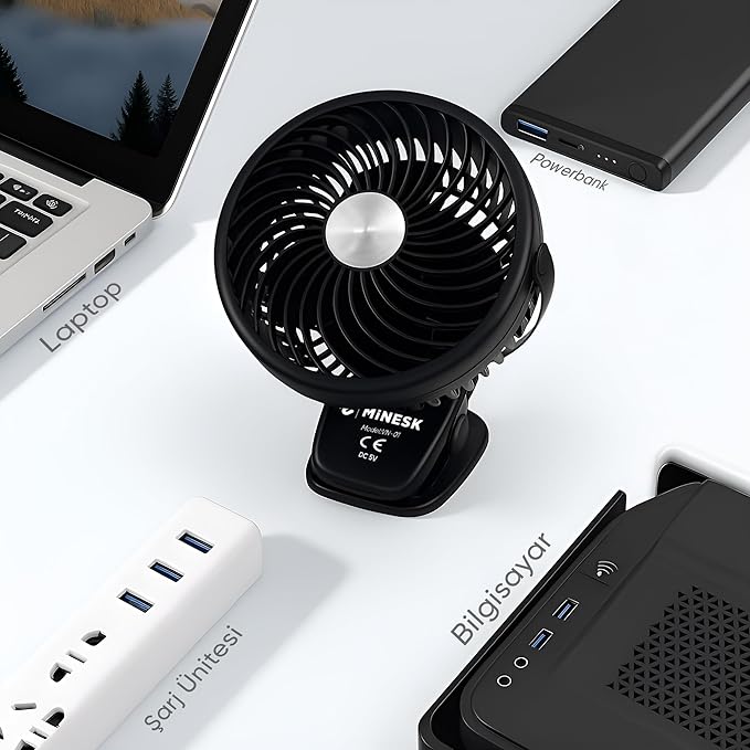 Minesk Mini Vantilatör - Masaüstü USB Fan - Klipsli Sabitleme - 360° Ayarlanabilir - Ultra Güçlü Hava Akımı ile Süper Serinlik Hissi - Portatif, Taşınabilir, Minimalist Tasarım (Siyah)