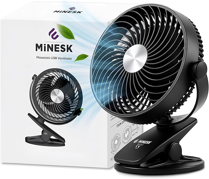Minesk Mini Vantilatör - Masaüstü USB Fan - Klipsli Sabitleme - 360° Ayarlanabilir - Ultra Güçlü Hava Akımı ile Süper Serinlik Hissi - Portatif, Taşınabilir, Minimalist Tasarım (Siyah)