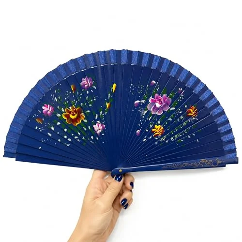 Coverzone Lacivert Zeminli Katlanabilir El Yelpazesi Pembe Sarı Çiçek Desenli Ahşap Saplı Dekoratif El Yelpazesi 40x22 cm Geleneksel Tasarım