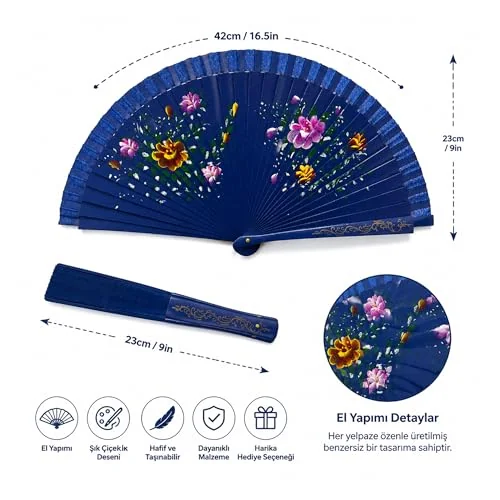Coverzone Lacivert Zeminli Katlanabilir El Yelpazesi Pembe Sarı Çiçek Desenli Ahşap Saplı Dekoratif El Yelpazesi 40x22 cm Geleneksel Tasarım