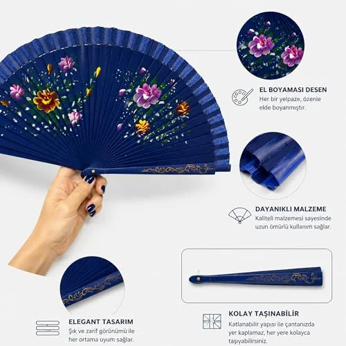 Coverzone Lacivert Zeminli Katlanabilir El Yelpazesi Pembe Sarı Çiçek Desenli Ahşap Saplı Dekoratif El Yelpazesi 40x22 cm Geleneksel Tasarım