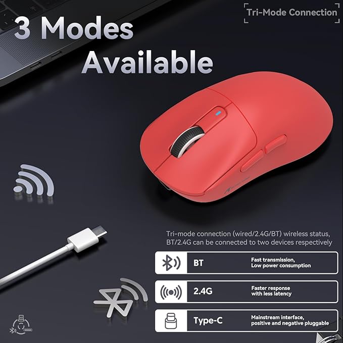 ATTACK SHARK X3 Superlight Kablosuz Gaming Mouse – 49g Ultra Hafif Fare, 26000 DPI PixArt PAW3395 Sensör, BT/2.4G/Kablolu Üçlü Mod, 200 Saat Pil Ömrü, PTFE Ayaklar, PC/Xbox/PS/Mac – Red