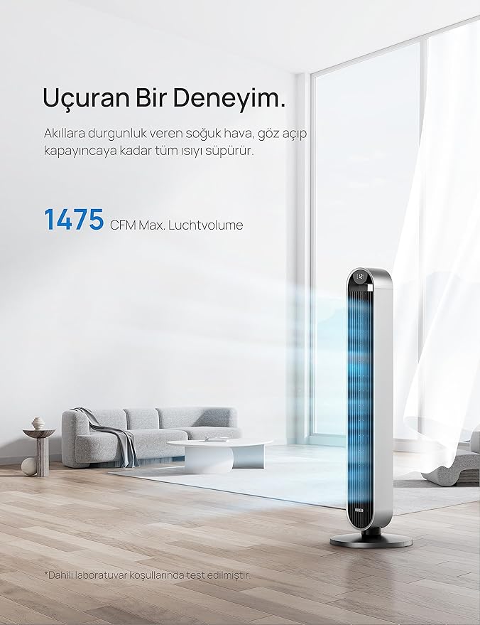 Dreo Akıllı Kule Fan – 12 Hız & 4 Mod, 25 dB Ultra Sessiz Motor, 8.3 m/s Rüzgar Hızı, 120° Salınım, Zamanlayıcı, Uzaktan Kumanda, Wi‑Fi & Sesli App Kontrol, Pilot Max S