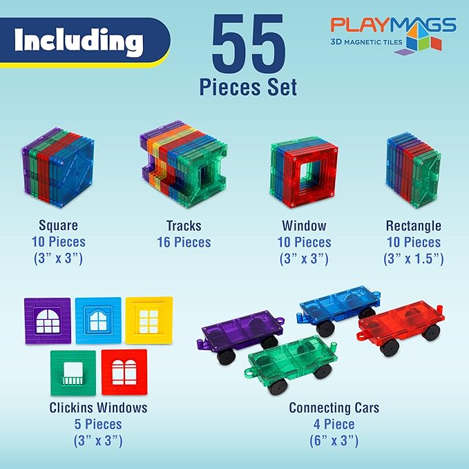 Playmags 55 Parça Manyetik Blok Tren Seti | 4 Tren Dahil Dayanıklı ve Yaratıcı STEM Eğitim Oyuncağı | Çocuklar için uygun