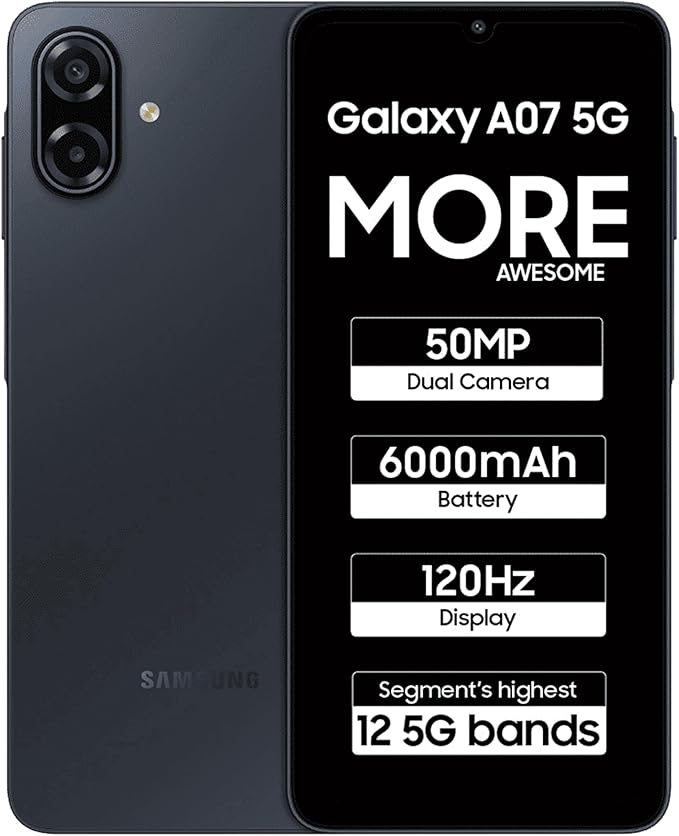 Samsung Galaxy A07 5G (Siyah, 4GB RAM, 128GB Depolama) | 6,7 inç HD+ 120Hz Ekran | MediaTek Dimensity 6300 | 50MP + 2MP Arka Kamera | 6000 mAh Pil
