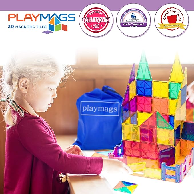 Playmags 55 Parça Manyetik Blok Tren Seti | 4 Tren Dahil Dayanıklı ve Yaratıcı STEM Eğitim Oyuncağı | Çocuklar için uygun