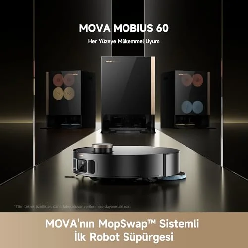 MOVA MOVA MOBIUS 60 MopSwap™ Sistemli Robot Süpürge, 30.000 Pa Emiş Gücü, Dinamik Emiş Koruma Sistemi, 8 cm’ye Kadar Engel Aşma, 100 °C ile Yıkama Sistemi, 3 Yıl Garanti