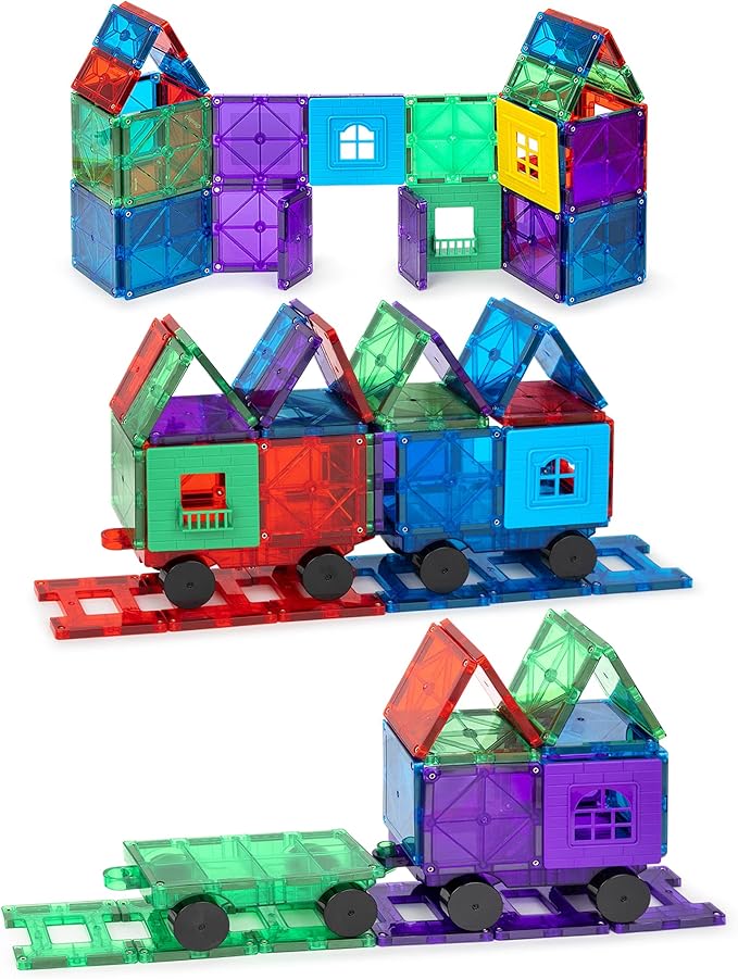 Playmags 55 Parça Manyetik Blok Tren Seti | 4 Tren Dahil Dayanıklı ve Yaratıcı STEM Eğitim Oyuncağı | Çocuklar için uygun