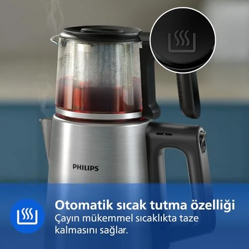 Philips Otomatik Sıcak Tutma, 0.9L Cam Demlik, 1900W Güç, Paslanmaz Çelik Demlik, 1.8L Geniş Kapasiteli Dayanıklı Inox Taban (HD7350/00)