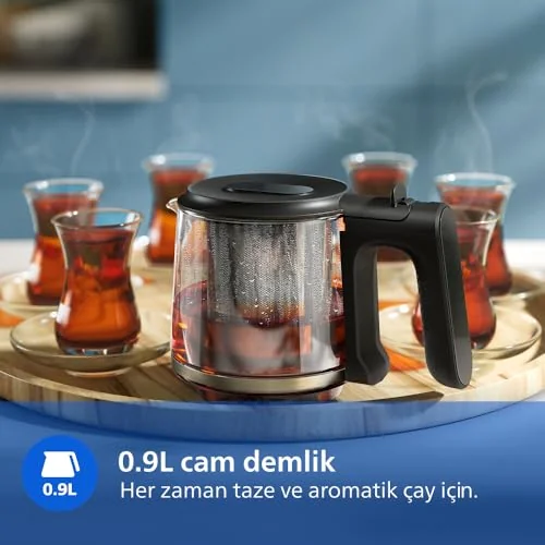 Philips Otomatik Sıcak Tutma, 0.9L Cam Demlik, 1900W Güç, Paslanmaz Çelik Demlik, 1.8L Geniş Kapasiteli Dayanıklı Inox Taban (HD7350/00)
