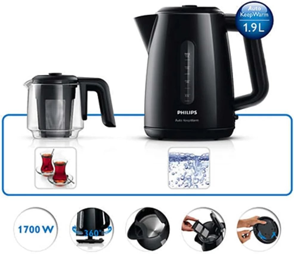 Philips Philips Daily Collection Çay Makinesi - Otomatik Sıcak Tutma, 1.9L Su Isıtıcısı, 0.9L Cam Demlik, Hızlı Kaynatma 1700W, Kireç Filtresi, Kolay Dökme İçin Kablosuz Taban (HD7301/00)