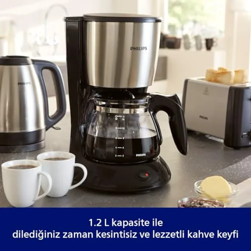 Philips Philips Filtre Kahve Makinesi, 1,2 Lt Kapasite, Otomatik Kapanma, Cam Demlikli, Siyah ve Metal, HD7462/20