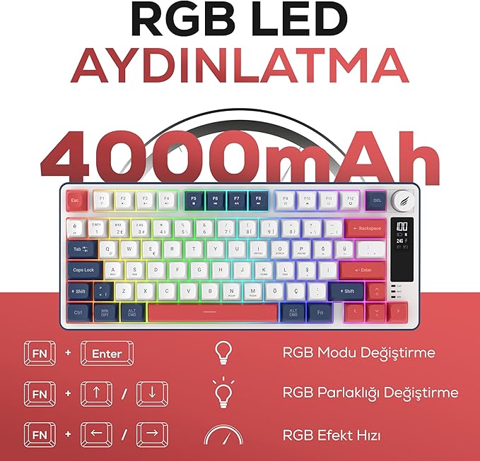 Hawk Gaming HK255 Membrane LCD RGB Kablosuz/Bluetooth%75 Türkçe Gaming Klavye (Mavi Kırmızı)