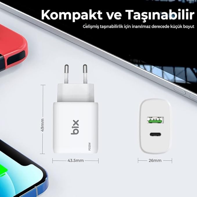 Bix ZH-2U41T 25W PD 3.0 Type-C & USB-A Çift Bağlantı Noktalı Hızlı Şarj Adaptörü Siyah, Huawei, iPhone 15/14/13/12/Pro Max, iPad Air/Pro ve Daha Fazlası ile Uyumlu