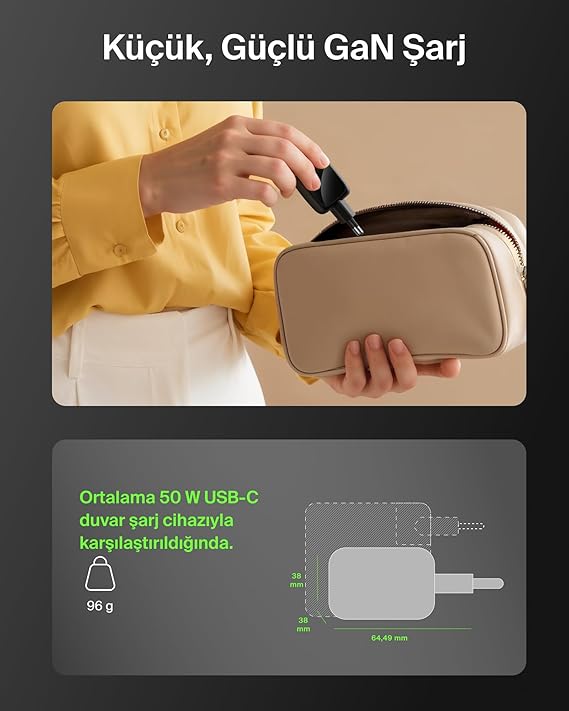 Belkin 2 Bağlantı Noktalı USB-C Şarj Cihazı 50 W, 2x USB-C Çift Bağlantı Noktalı GaN Şarj Cihazı, MacBook, iPhone 17, iPad Pro, Chromebook, Galaxy S25 Ultra, Pixel 10 vb. için, Seyahat için, Siyah