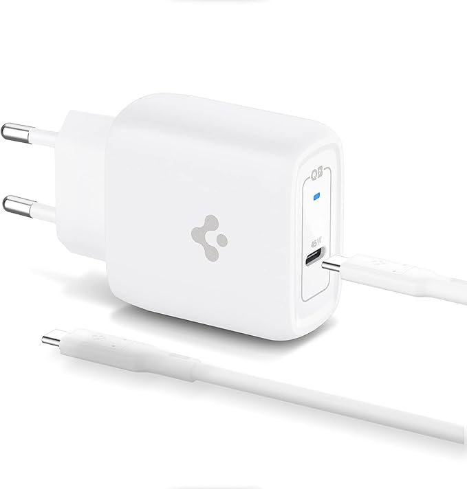 Spigen 45W USB-C Hızlı Şarj Aleti + Örgü Şarj Kablo Samsung PPS 2.0 / Isı Düşürücü GaN Akım Korumalı PD 3.0 Protokol Güç Adaptörü Super Hızlı Şarj iPhone & Android & iPad & MacBook Type-C - ACH02589