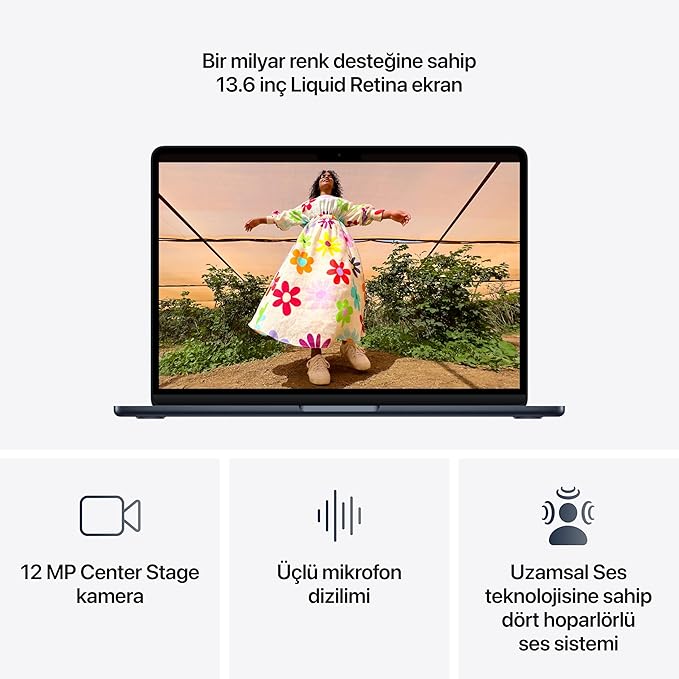 Apple M5 çipli 13 inç MacBook Air Laptop: 13.6 inç Liquid Retina Ekran, 10 CPU, 8 GPU, 16GB Birleşik Bellek, 512 GB SSD Depolama, 12 MP Center Stage Kamera, Touch ID; Gece Yarısı