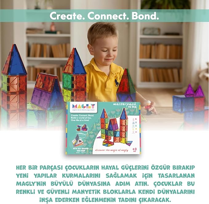 Magly Manyetik Yapı Blokları – Çocuklar İçin Renkli 3 Boyutlu 72 Parça Manyetik Karo Oyun Seti
