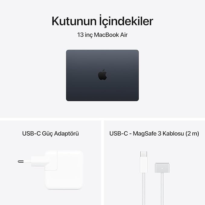 Apple M5 çipli 13 inç MacBook Air Laptop: 13.6 inç Liquid Retina Ekran, 10 CPU, 8 GPU, 16GB Birleşik Bellek, 512 GB SSD Depolama, 12 MP Center Stage Kamera, Touch ID; Gece Yarısı