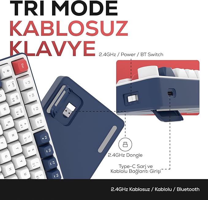 Hawk Gaming HK255 Membrane LCD RGB Kablosuz/Bluetooth%75 Türkçe Gaming Klavye (Mavi Kırmızı)