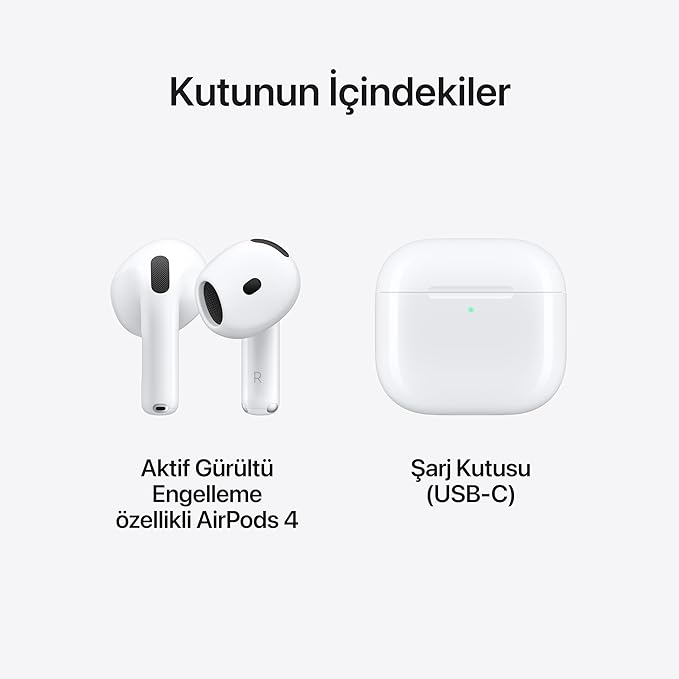 Apple AirPods 4.Nesil ANC Kablosuz Kulaklık, Bluetooth Kulaklık, Aktif Gürültü Engelleme, Adaptif Ses, Şeffaf Mod, Kişiselleştirilmiş Uzamsal Ses, USB-C Şarj Kutusu, Kablosuz Şarj, H2 Çip